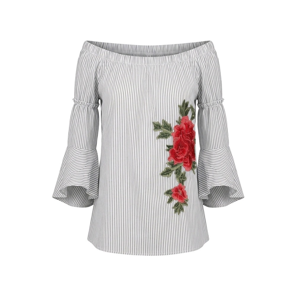 Grey White Striped Off The Shoulder Bell Sleeve Blouse with Floral Embroidery
